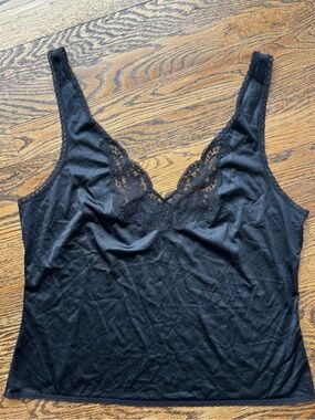 Wonder Maid Vintage Union Made In USA Non Cling Black Lace Trim Tank Cami 36